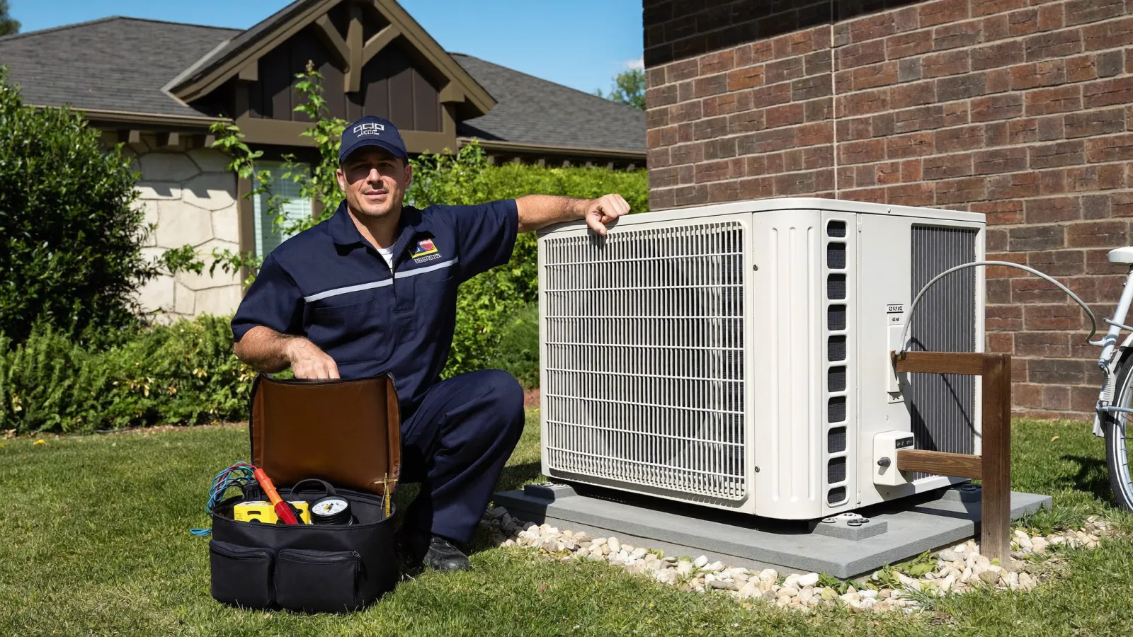 A technician diagnosing an outdoor air conditioning condenser at a Charlotte home