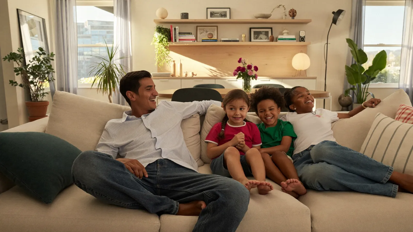 A family relaxing in a comfortable, evenly conditioned living room