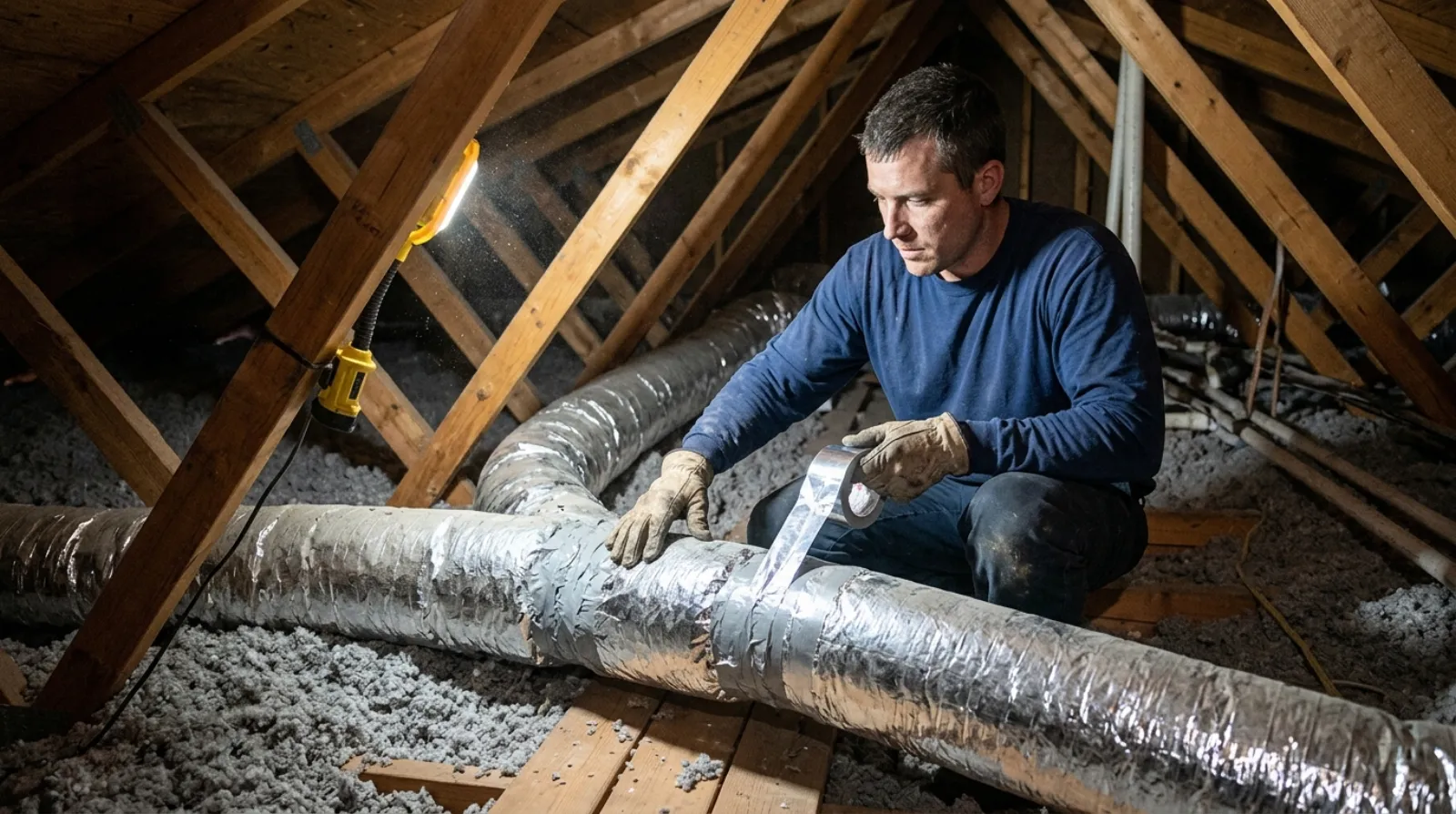 A technician sealing insulated flexible duct joints in a residential attic