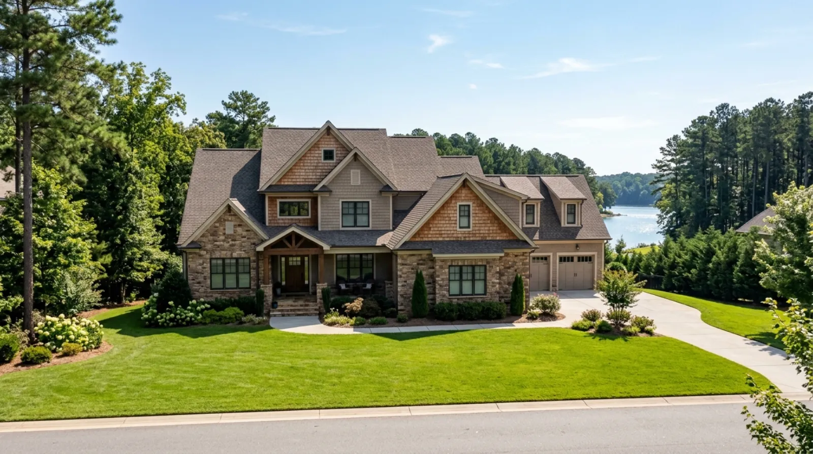 A larger newer home with stone and shake siding in a Lake Norman area subdivision
