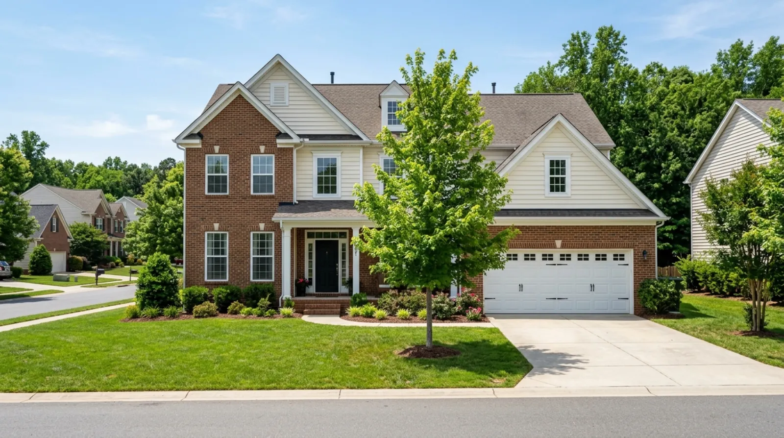 A two-storey brick and vinyl colonial home in a 1990s Matthews subdivision