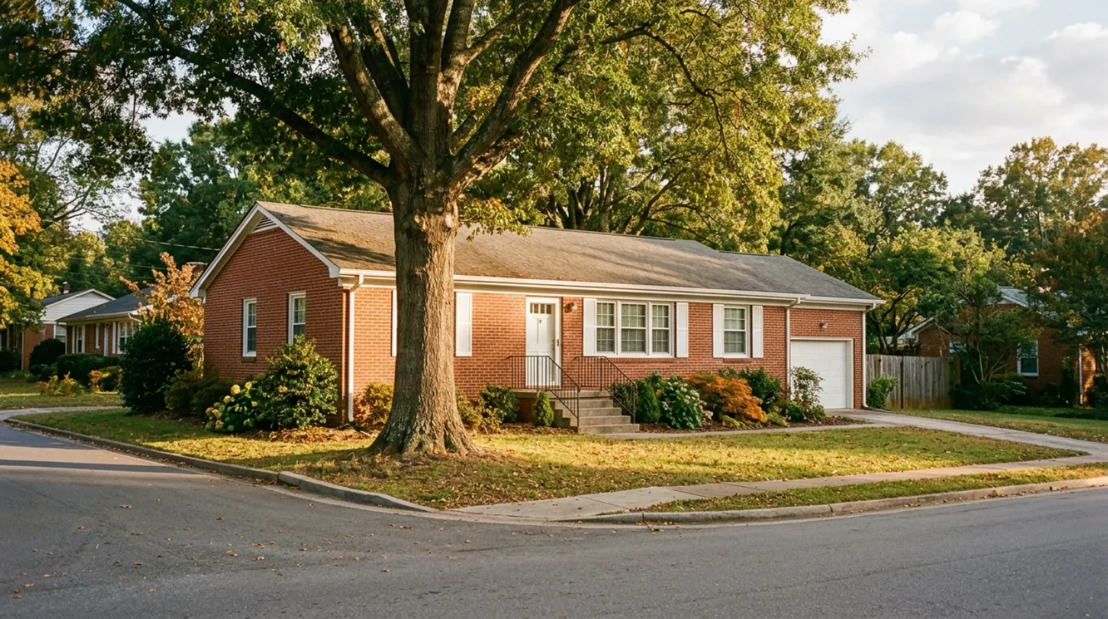 A 1950s red brick ranch home with white trim under a mature oak on an established Rock Hill street