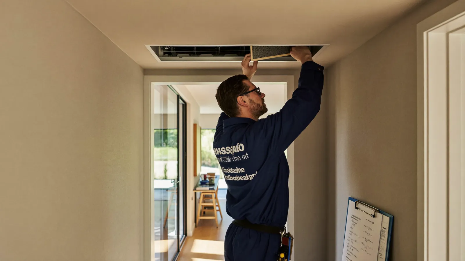 A technician performing a seasonal maintenance tune-up on a residential HVAC system